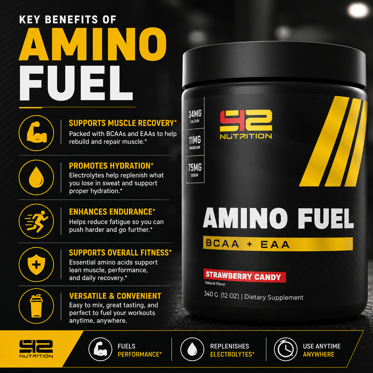 Fuel your performance and recovery with S42 Nutrition Strawberry Candy Amino Fuel BCAA + EAA. This delicious amino acid formula combines Branched-Chain Amino Acids (BCAAs) and Essential Amino Acids (EAAs) to support muscle recovery, reduce muscle breakdown, promote lean muscle growth, and keep you hydrated before, during, or after training. With a refreshing strawberry candy flavor, Amino Fuel helps athletes and fitness enthusiasts recover faster, train harder, and stay ready for every workout.