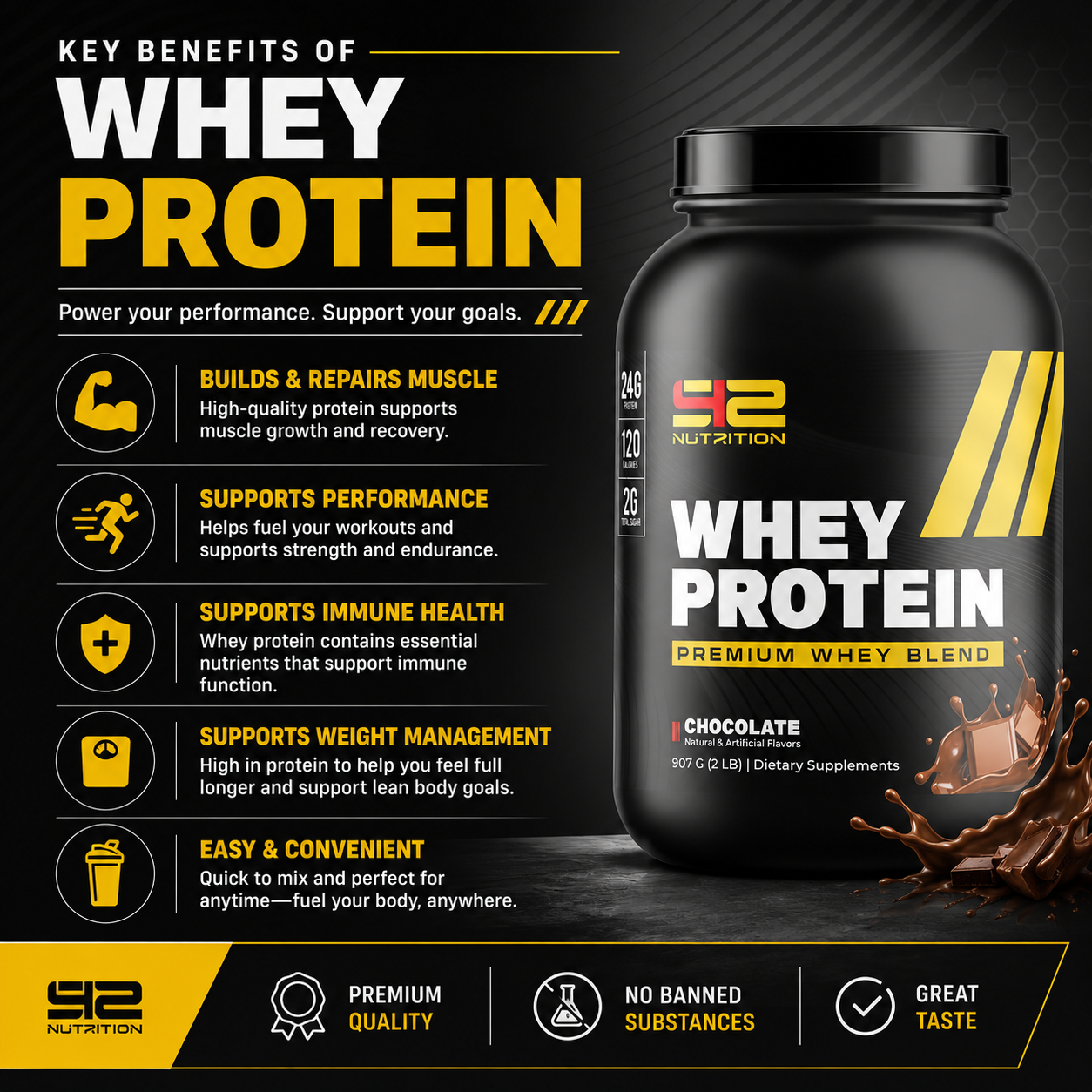 Build lean muscle, recover faster, and fuel your performance with S42 Whey Protein. Formulated with high-quality whey protein, each serving delivers the protein your body needs to support muscle growth, speed recovery, and maintain lean muscle after intense workouts. Whether you're an athlete, fitness enthusiast, or simply looking to increase your daily protein intake, S42 Whey Protein mixes smoothly and tastes great, making it the perfect post-workout shake or anytime protein boost.