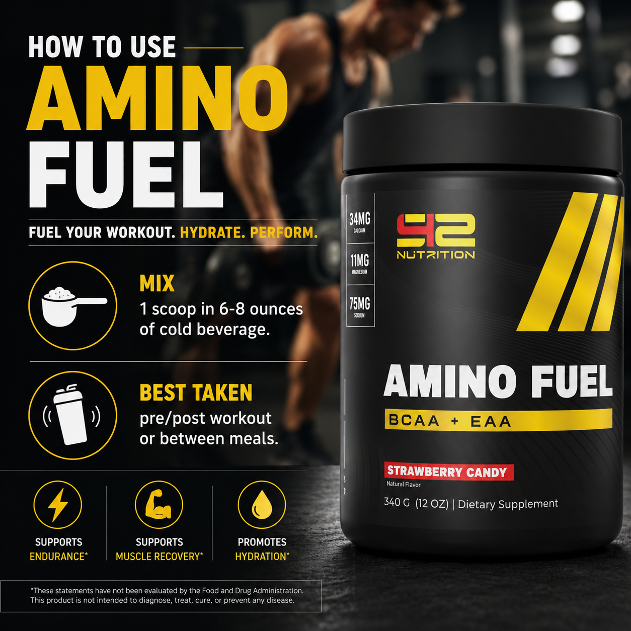 Fuel your performance and recovery with S42 Nutrition Strawberry Candy Amino Fuel BCAA + EAA. This delicious amino acid formula combines Branched-Chain Amino Acids (BCAAs) and Essential Amino Acids (EAAs) to support muscle recovery, reduce muscle breakdown, promote lean muscle growth, and keep you hydrated before, during, or after training. With a refreshing strawberry candy flavor, Amino Fuel helps athletes and fitness enthusiasts recover faster, train harder, and stay ready for every workout.