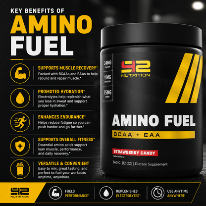 Fuel your performance and recovery with S42 Nutrition Strawberry Candy Amino Fuel BCAA + EAA. This delicious amino acid formula combines Branched-Chain Amino Acids (BCAAs) and Essential Amino Acids (EAAs) to support muscle recovery, reduce muscle breakdown, promote lean muscle growth, and keep you hydrated before, during, or after training. With a refreshing strawberry candy flavor, Amino Fuel helps athletes and fitness enthusiasts recover faster, train harder, and stay ready for every workout.