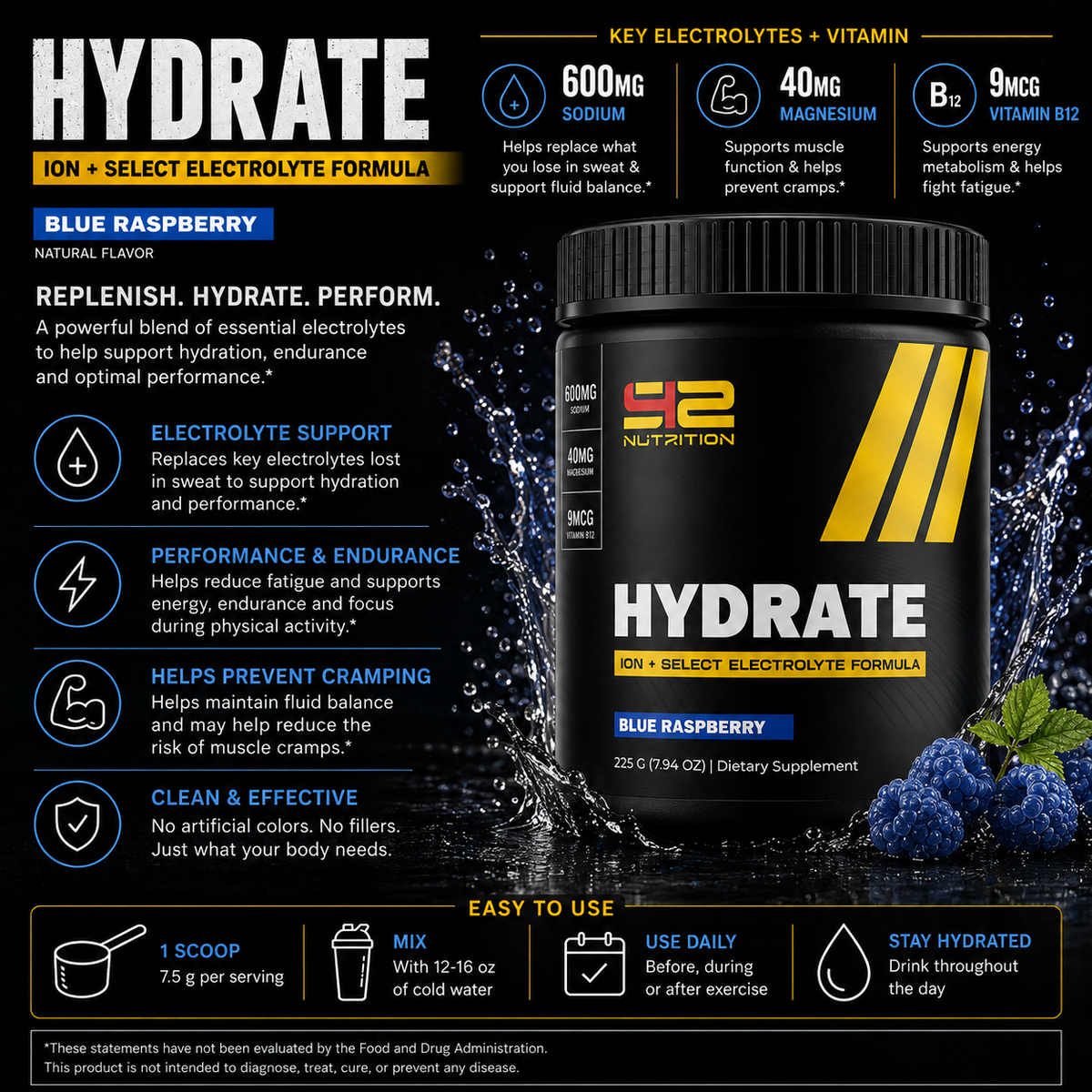 Stay hydrated and perform at your best with S42 Hydrate Electrolyte Powder, featuring sodium, magnesium and vitamin B12 to support hydration and performance.