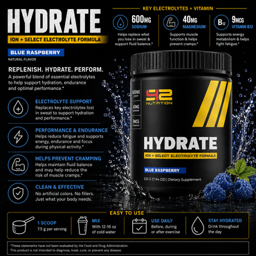 Stay hydrated and perform at your best with S42 Hydrate Electrolyte Powder, featuring sodium, magnesium and vitamin B12 to support hydration and performance.