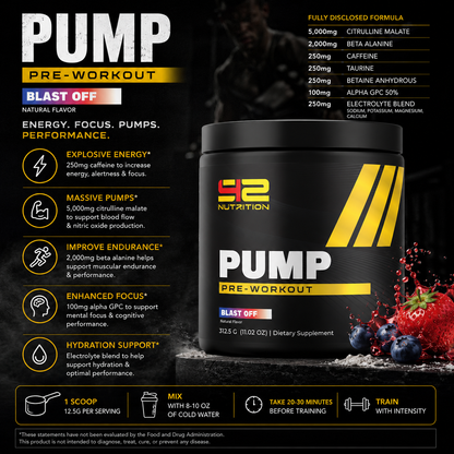 Power your workouts with S42 PUMP Pre-Workout, featuring 250mg caffeine plus citrulline and beta-alanine to support energy, focus, pumps and performance.