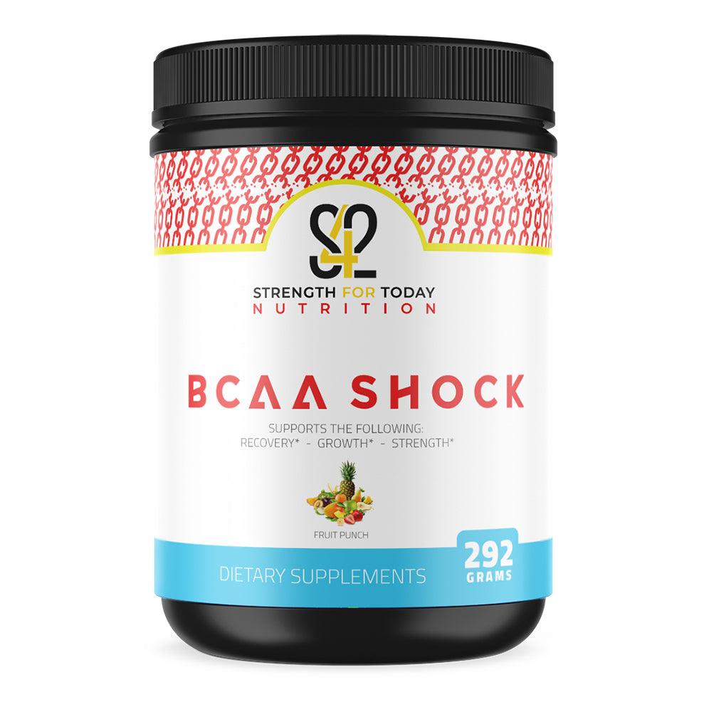 Strength For Today BCAA Shock is a blend of 5000mg of Branched Chain Amino Acids and Glutamine for lean muscle and recovery. These amino acids increase protein synthesis and nitrogen retention, both essential to building lean muscle. BCAAs are metabolized directly in the muscle, and are considered essential because the body cannot build them from other compounds. Take your results to a whole new level with this great tasting drink.