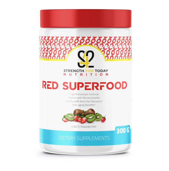 Strength For Today Nutrition Red Superfood is a super fruit blend of strawberries, cranberries, raspberries, pomegranate and other potent fruits to form a nutritional powerhouse. This superfood drink is packed with antioxidants to help clean up unstable free radicals that damage cells. All ingredients are high in polyphenols, carotenes, and phytonutrient antioxidants. Delicious and nutritious, great for any time even after workout recovery. 